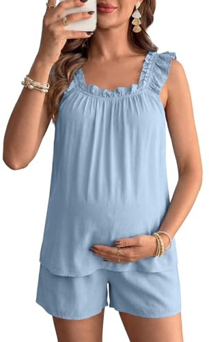 BLENCOT Pajama Sets for Women 2 Piece Maternity Clothes Casual Sleeveless Shorts Pregnancy Outfits Lounge Set Sky Blue Medium