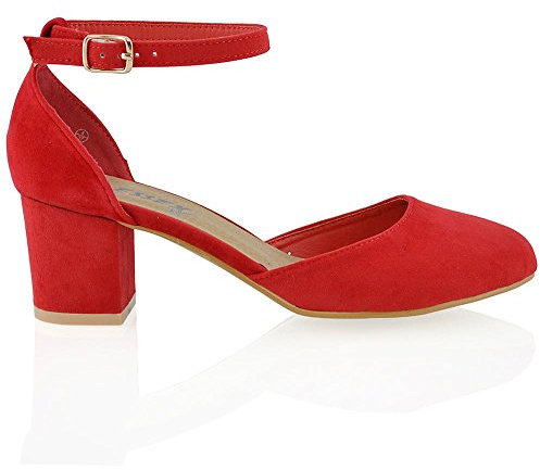 ESSEX GLAM Womens Low Mid Block Heel Ankle Strap Buckle Ladies Sandals Court Shoes Size 3-8