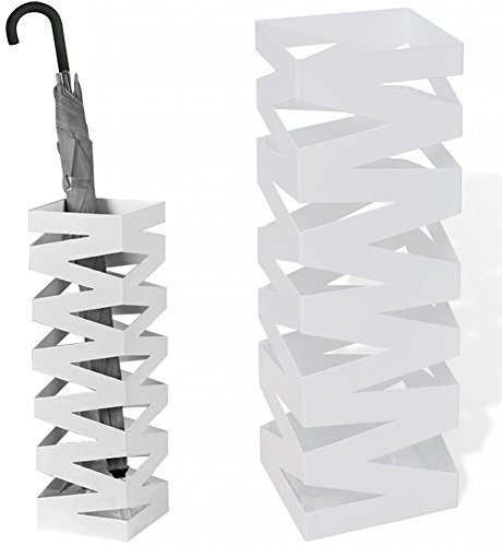 BAKAJI Portaombrelli Stand in Ferro Design BAK4B Forma Quadrata con Decorazione a Intarsi Vaschetta Salvagoccia e Ganci per Ombrelli Pieghevoli Dimensioni 49 x 15,5 cm (Bianco)