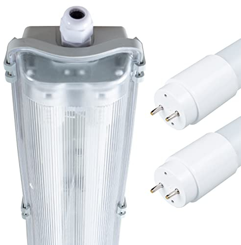 Proventa IP65 Feuchtraumleuchte LED 120cm mit 2x 18W LED-Röhre naturweiß, 4000K 4.320 Lumen Klappdeckel Steckklemme Kabeleinführung bis NYM-J 3x2,5mm², leuchtstoffröhre led 120cm