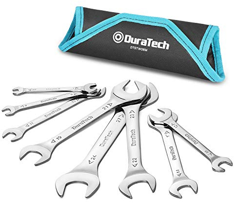 DURATECH Super-Thin Open End Wrench Set, Metric, 8-Piece, Including 5.5, 7, 8, 9, 10, 11, 12, 13, 14, 17, 19, 21, 22, 23, 24, 27 mm, Slim Spanner Set with Rolling Pouch