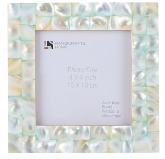 Handicrafts Home Mother of Pearl Picture Frame 4x4, Decorative Photo Frame for Tabletop or Wall, Handmade Shell Mosaic Frame, Modern Home Decor, Gift Picture Frame, Green