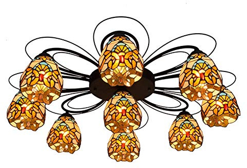 Araña de estilo vintage Lámpara Tiffany 9 Multi-cabeza de techo barroco pintado Lámpara de vidrio Sala Comedor Dormitorio