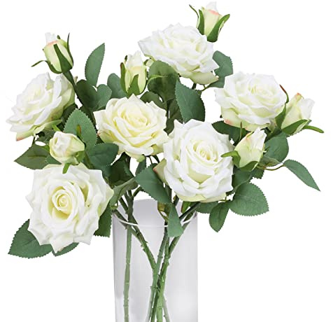 RADCANE 6 Pezzi Fiori Artificiali Rose Finte Bianco 45cm/17.7in Fiori Artificiali per Esterni Rosa Artificiali Bouquet di Rose Resistente ai Raggi UV per Casa Ufficio Giardino