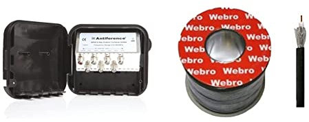 Antiference MS06LTE 6 Way F-Type Connections External TV Aerial Splitter & Webro RG6 50m Digital Coaxial Cable for Aerial and Satellite TV - Black