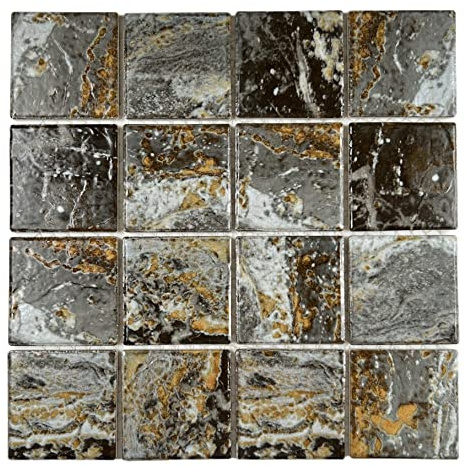 Tenedos Danubio Grey with Brown and Gold Square Wave Surface Porcelain Floor and Wall Tile for Kitchen Backsplash, Swimming Pool, Bathroom, Accent Wall (1 Sheet)