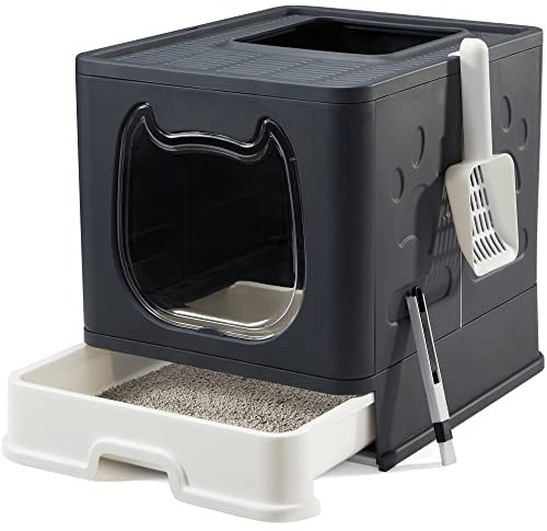 Vealind Faltbare katzenklo, Katzentoilette mit Deckel, abgedeckte Katzentoiletten mit Katzentoilettenschaufel und 2-1 Reinigungsbürste, Kitten Litter Box Cat Toilet (Schwarz)