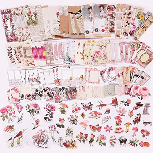 200 Stück Vintage Scrapbooking Aufkleber Set,Ästhetische Dekoratives Aufkleber,Retro Journal Zubehör,Washi Sticker DIY Kunst Basteln,Natürliche Tiere Blumen,zum Sammelalbum Fotoalbum Album Tagebuch