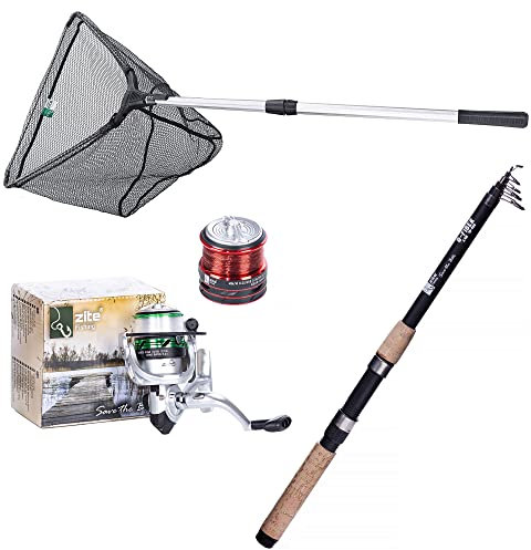 Zite Fishing Allround Teleskop-Rute 2,70m - Angelrute mit Kork-Griff - Karpfen Aal Zander Angeln mit Stoff-Tasche + Angelrolle mit Schnur bespult + Teleskop-Kescher gummiert 1,60 m