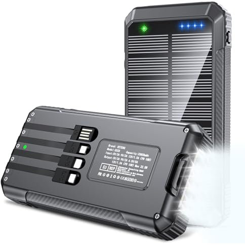 Banco de energía solar de 33800 mAh, 4 cables integrados, cargador portátil de carga rápida USB C de 22,5 W, 6 salidas y 4 entradas con luces LED de camping, paquete de batería para iPhone Samsung y