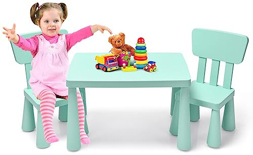 LIFEZEAL Juego de Mesa y Silla Infantil, Mesa con 2 sillas de plástico para niños, Conjunto de pupitres de Actividades para niños, Set de Mueble Infantil de 3 Piezas, Apto para 1-7 años (Verde)
