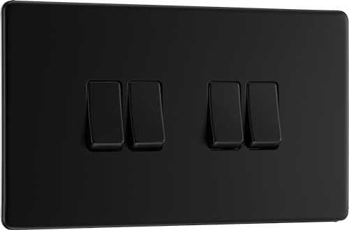 BG Electrical Quadruple Wall Light Switch, 2 Way, Screwless Front Plate, Slim Profile, Premium Flatplate, Matt Black, 20A, 16AX, FFB44