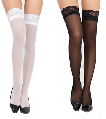 BOBOZHONG Sheer Sexy,2 Pairs Women Anti-skid Lace Silk Thigh High Stockings,Over Knee High Socks Women Extra Long Thigh High Socks, Stockings for Daily Wear Cosplay (Black and white)