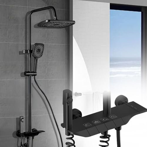 CALISTOUK Columna de Ducha con Grifo, 4 Modos Columna Ducha Controles de los botones del piano, Lluvia Columna de Baño Multifuncional Altura Ajustable 65-105cm (negro)