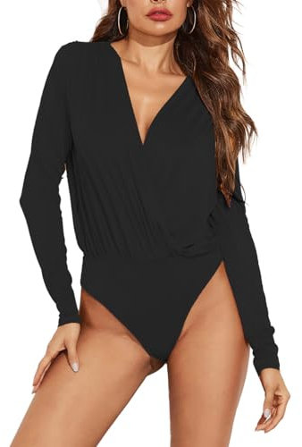 EMOTTOS Sexy Wickel-Bodysuit für Frauen Slim Fit Cross V Wrap Leotard Soft Crop Top Ruched Body Suit Sexy Irregular Jumpsuit für Frauen (Schwarz,S-XL)