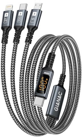 100W USB C auf Multi USB Ladekabel [1.2M] Ladekabel 3 in 1 Schnellladekabel mit E-Mark Chip Multi auf Type C[100W]+Lightning[27W]+Micro[5W] mit LED Display für Galaxy Galaxy S24/S23,iPhone 16/15/14