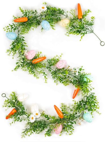 Ghirlanda pasquale a LED con luci, decorazione pasquale 180 cm, uova artificiali, carote, fiori, decorazione primaverile, per casa, resistente alle intemperie, per porte, finestre, camino, interni ed