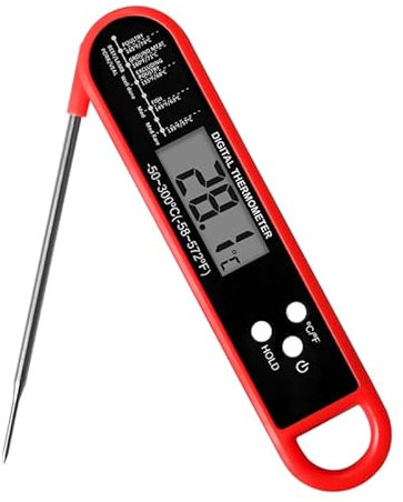 MKMKVUWO Meat Thermometer, Air Fryer Probe, Cooking Probe, Instant Read Display, Folding, C °/F ° Switching Temp Chat Attached to the Refrige for Kitchen, BBQ, Water, Meat, Cooking (Red)