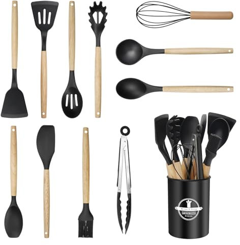 HOSSOM 12 Pezzi Utensili Cucina Silicone, Kit Cucina Utensili da Cucina, Resistente al Calore Antiaderenti, Set Mestoli Cucina con Manico in Legno per Amanti Della Cucina, Lavabile in Lavastoviglie