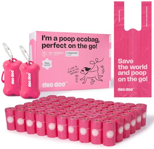 Deo Doo Dog Poop Bags with Handles 60 Rolls 720 Counts Big Sizes Leak Proof and Extra Thick Waste Bags Refill Rolls for Walking Small Medium Large Dogs Cats Litter With 2 Holders Rose Scented