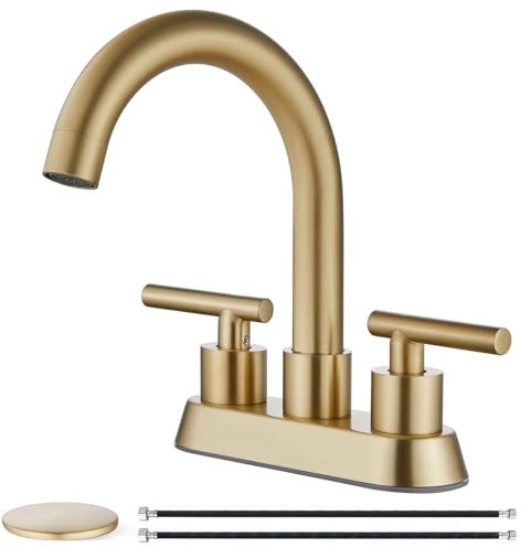 Grifo de lavabo de baño de oro cepillado de 4 pulgadas, grifo mezclador de tocador de doble mango con boquilla giratoria de 360° y drenaje emergente, elegante diseño de montaje en cubierta para baños