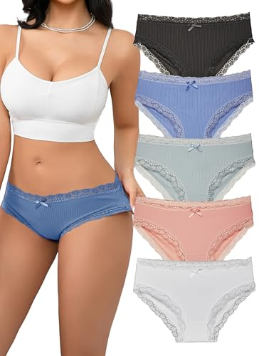 Hialegion Culotte Femme en Tissu Doux sous-vêtement avec Bordure en Dentelle Raffinée et Petit Nœud Lingerie Basique Élégante et Respirante Lot 5 M