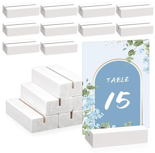 ISUSSER 15 Pieces Wood Table Number Stands Wood Place Card Holders Picture Holder Acrylic Sign Holders for Ceremony Birthday Party Home Decoration (White)
