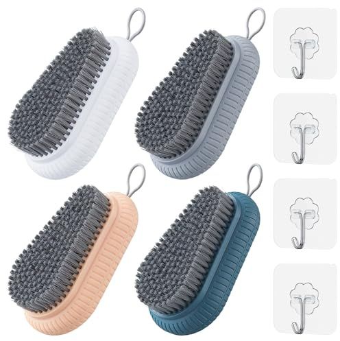 Lot de 4 brosses de lavage à la main, avec corde suspendue, brosse à ongles, avec 4 crochets adhésifs, pour chaussures, salle de bain, WC, lavabo, atelier, bleu profond, blanc, gris, rose