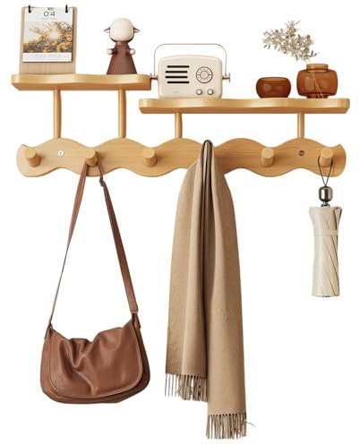 Bamboo Coat Rack with Shelf – 52 cm Wall-Mounted Double Layer Hooks, 6 Sturdy Wooden Hooks for Entryway, Hallway, Bathroom & Bedroom – Space-Saving Hanger for Coats, Hats, Bags & Towels (Primary)