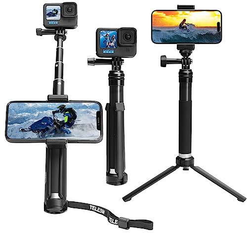 Selfie Stick Hand Grip Tripod Waterproof Aluminum Alloy Pole, Extendable Selfie Monopod for Tripod Mount & Phone Clip for Apple, Android Smartphones,for Gopro Hero 10/9 Camera