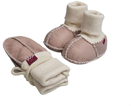 Reissner Lammfelle Lammfell Baby Booties und Fäustlinge Modell Colmar jeweils mit Strickbündchen und Ziernaht im günstigen Set. BABY-SCHUH3-ROS-16, Farbe rosa, Schuhgröße 16/17