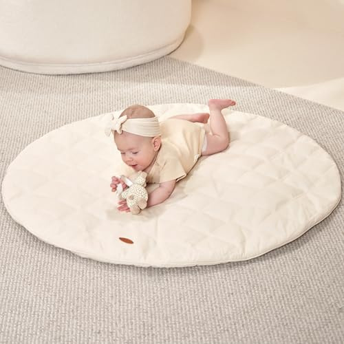MiniDream Baby Playmat for Infants, Soft Cotton Foldable Activity Play Mat for Babies Crawling, Floor Play with Storage Bag, Non-Slip, Machine Washable - 100 x 100cm(White)