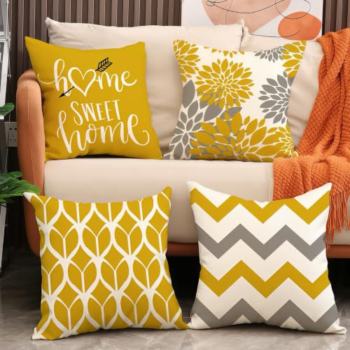 Aeuihmebg Cushion Covers 45x45cm 4 Pack Soft Throw Pillow Covers | Linen Pillowcases for Car Bedroom 18x18 Inches, Yellow