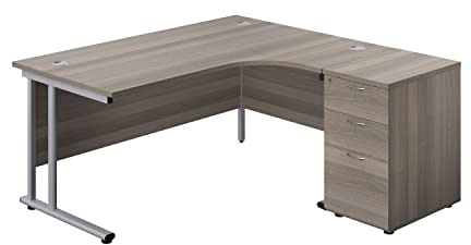 Office Hippo Heavy Duty Right Corner Radial Desk With 3 Drawer High Storage, Home Office PC Desk, Filing, 5 Yr Wty, MFC- Grey Oak, Silver Frame