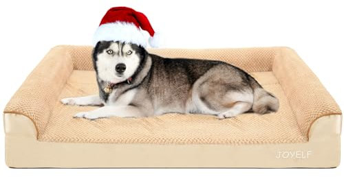 JOYELF Orthopädisches Hundebett für extra große Hunde, U-förmiges Schaumstoffsofa, wasserdichtes Nackenrollenbett mit abnehmbarem, waschbarem Bezug und rutschfestem Boden für Hunde - Khaki