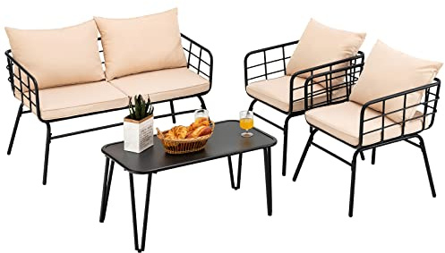 COSTWAY 4 Piece Garden Furniture Set, Patio Conversation Set with 1 Loveseat, 2 Bistro Chairs and 1 Table, Steel Frame Outdoor Table Chairs Sectional Cushioned Sofa Set for Balcony Backyard Poolside