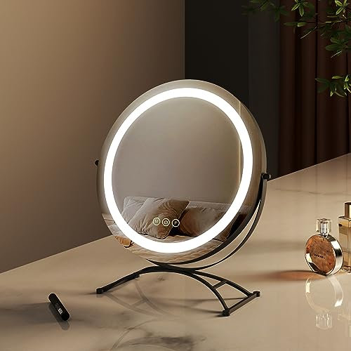 EMKE LED Hollywood Schminkspiegel mit Beleuchtung - Runden Hollywood Spiegel mit Dimmbar, 360° drehbar, Speicherfunktion, 3 Lichtfarben, Beleuchteter Kosmetikspiegel - Schwarz, Φ40cm