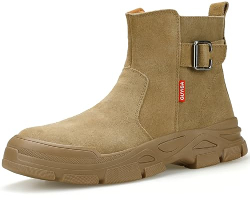 GLANOUDUN High top Steel Toe Boots Welding Work Boots for Men Indestructible Men's Steel Toe Shoes Zipper Construction Shoes Laceless Safety Welder Footwear Brown size 7
