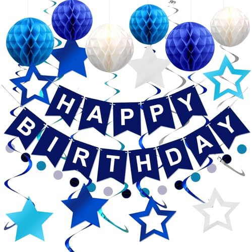 Decoration Anniversaire Homme Garcon, Déco Anniversaire Garçon Bleu, Décorations Anniversaire De Fête En Bleu, Décoration En Happy Birthday Bannière,Pom Poms,Suspendus Tourbillons pour Garçons Hommes