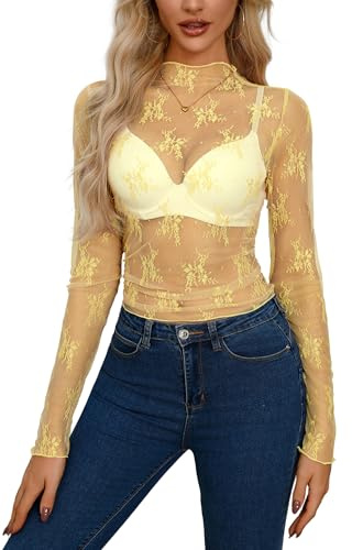 Top sexy da donna maglietta in rete trasparente mesh sheer, giallo., M