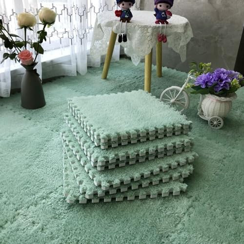 Generico 20 Pz Peluche Schiuma Tappeto Mat, 12 X 12 Pollice Interlocking Tappeto Piastrelle con Bordo, Morbido Peluche Area Tappeti Piastrelle Pavimento, Puzzle Mat p(Color:Verde Menta)