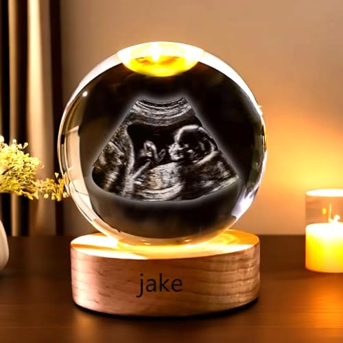 SHENGBEIDZ Luz Nocturna Personalizada Con Bola De Cristal, Bola De Cristal Decorativa Personalizada Con Foto Y Texto Con Luz, 2D Con Ecografías De Bebés for Mamá Y Papá(White Light,6cm .36)