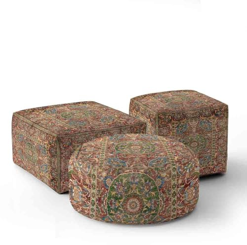 GIFTIMIZED 17th Century Afghan Rug Pouffe Traditional Vintage Pattern Design Oriental Carpet Inspired Seat Cube Pouffe Round Pouffe Low Seat Home Decor