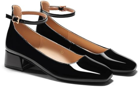 Coutgo Womens Chunky Low Heels Closed Square Toe Ankle Strap Pumps Wedding Prom Dress Shoes, Black, Size 8