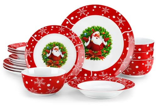 VEWEET SANTACLAUS - Vajilla navideña de porcelana para 4 personas (16 piezas, con cuencos de cereales, platos de postre, platos llanos y platos hondos, apto para lavavajillas)