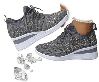 Scarpe da ginnastica da donna con zeppa e strass scintillanti, alla moda, traspiranti, per matrimoni, eleganti scarpe da tennis per sposa, scarpe da ginnastica ortopediche con zeppa, Grigio, 36 EU