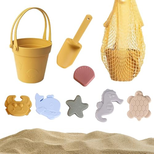 RNPKZ Set di giocattoli di sabbia in silicone, giocattolo da spiaggia per bambini, 9 in 1, in silicone, giocattolo da spiaggia con secchio, sacchetto a rete, pale, 6 stampi di sabbia, set da spiaggia