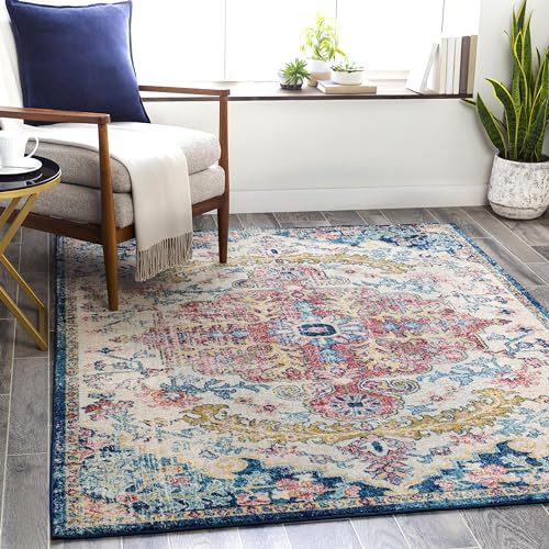Livabliss Manama Vintage groß - Orientalischer Wohnzimmer 160x220 cm, Esszimmer, Schlafzimmer - Boho Kurzflor e für einfache Pflege - Aqua, Elfenbein, Orange