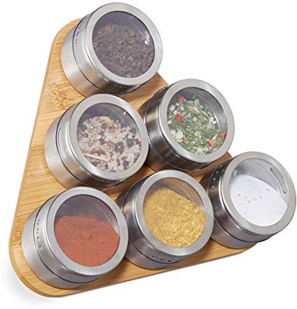 Relaxdays, Naturale Portaspezie, 6 Dosatori in Acciaio Inox, Spargispezie, Organizer in bambù per Condimenti, da Tavolo, 18 x 21.5 x 15.5 cm