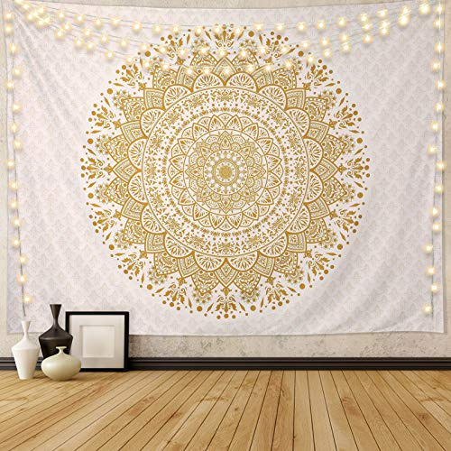 Edeesky Tapiz de mandala blanco y dorado para decoración de sala de estar, dormitorio